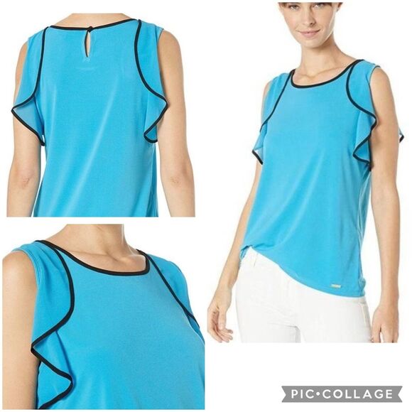 Calvin Klein Womens Blouse Top Shirt Ruffle Sleeve Pullover Teal Black XS - Picture 2 of 16